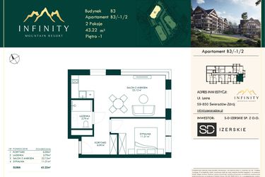 Rzut - Mieszkanie na sprzedaż 2 pokoje o powierzchni 43,22 m² - numer B3.-1.2 w Infinity Mountain Resort