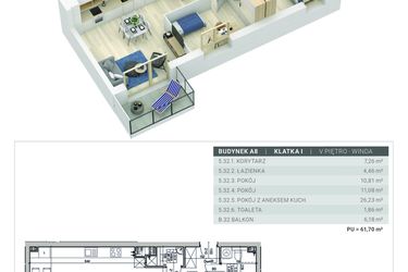 Rzut - Mieszkanie na sprzedaż 3 pokoje o powierzchni 61,7 m² - numer A.8.M32 w Sobola Biel A8