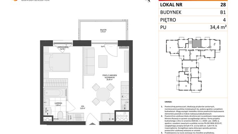 Rzut - Mieszkanie na sprzedaż 1 pokój o powierzchni 34,4 m² - numer 28 w Locus 2
