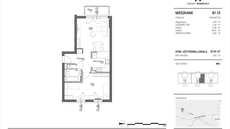 Rzut - Mieszkanie na sprzedaż 2 pokoje o powierzchni 52,64 m² - numer B1.15 w Tarasy Wierzycy