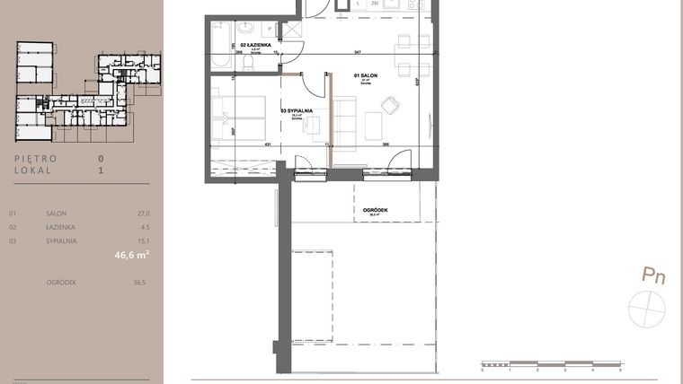 Rzut - Mieszkanie na sprzedaż 2 pokoje o powierzchni 46,88 m² - numer 1 w BETWEEN