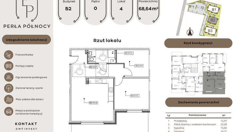 Rzut - Mieszkanie na sprzedaż 3 pokoje o powierzchni 68,64 m² - numer B2.0_4 w Perła Północy etap 2