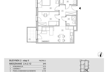 Rzut - Mieszkanie na sprzedaż 3 pokoje o powierzchni 64,05 m² - numer 2.A.2.12 w ATAL Apollina II