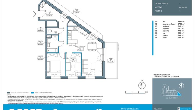Rzut - Mieszkanie na sprzedaż 3 pokoje o powierzchni 64,91 m² - numer A.1.2 w Rakoczego 17