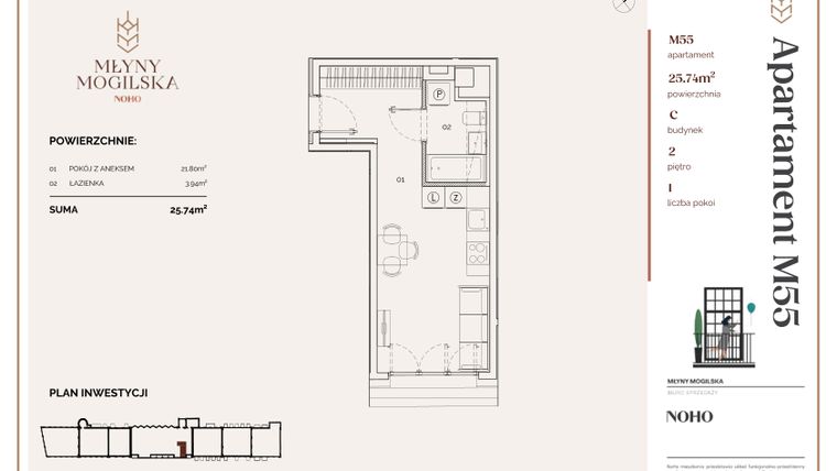 Rzut - Mieszkanie na sprzedaż 1 pokój o powierzchni 25,74 m² - numer C.55 w Młyny Mogilska
