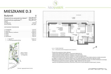 Rzut - Mieszkanie na sprzedaż 3 pokoje o powierzchni 51,34 m² - numer D3 w Neo Jasień etap II