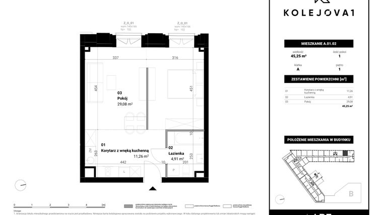 Rzut - Mieszkanie na sprzedaż 2 pokoje o powierzchni 45,25 m² - numer A-01-02 w Kolejova 1
