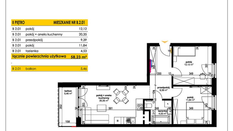Rzut - Mieszkanie na sprzedaż 3 pokoje o powierzchni 58,23 m² - numer B 2.01 w Park Moniuszki II C