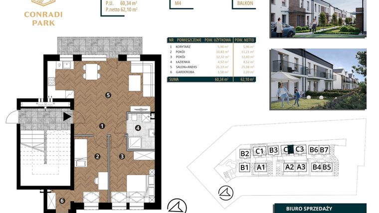 Rzut - Mieszkanie na sprzedaż 3 pokoje o powierzchni 62,1 m² - numer C2.M4 w Conradi Park etap II i III