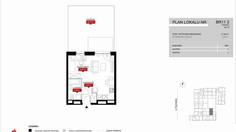Rzut - Mieszkanie na sprzedaż 1 pokój o powierzchni 32,09 m² - numer BR11/3 w Browary Wrocławskie 2