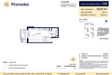 Rzut - Mieszkanie na sprzedaż 1 pokój o powierzchni 26,07 m² - numer C23 w Osiedle Kompas