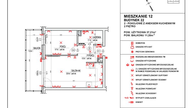 Rzut - Mieszkanie na sprzedaż 2 pokoje o powierzchni 37,21 m² - numer 22_12 w Osiedle 4 Pory Roku - Etap VIII