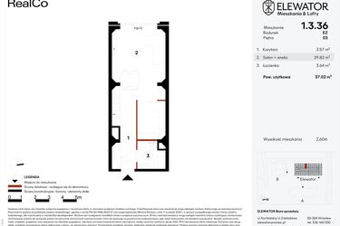 Rzut - Mieszkanie na sprzedaż 1 pokój o powierzchni 37,02 m² - numer EZ.1.3.36 w Elewator - Mieszkania i Lofty