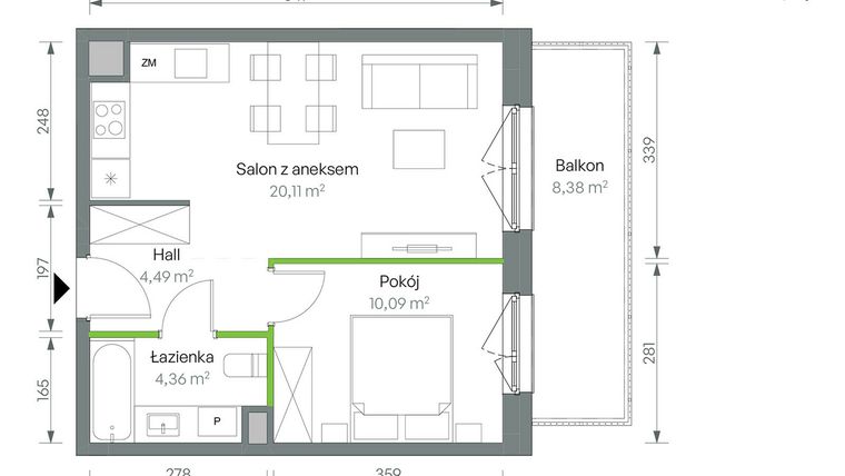 Rzut - Mieszkanie na sprzedaż 2 pokoje o powierzchni 39,05 m² - numer 2/B/1/06 w Oliwska Vita