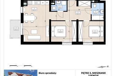 Rzut - Mieszkanie na sprzedaż 3 pokoje o powierzchni 60,51 m² - numer B3/3/38 w Montano bud. B3