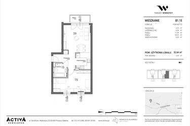Rzut - Mieszkanie na sprzedaż 2 pokoje o powierzchni 52,64 m² - numer B1.15 w Tarasy Wierzycy