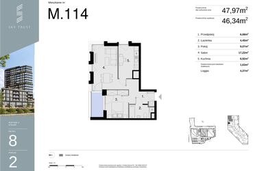 Rzut - Mieszkanie na sprzedaż 2 pokoje o powierzchni 47,97 m² - numer M114 w Sky Trust etap II