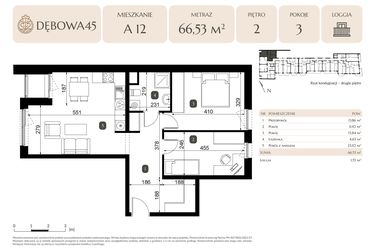 Rzut - Mieszkanie na sprzedaż 3 pokoje o powierzchni 66,53 m² - numer A.12 w Dębowa 45
