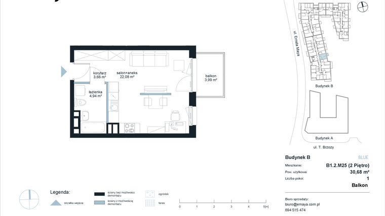 Rzut - Mieszkanie na sprzedaż 1 pokój o powierzchni 30,68 m² - numer B1.2.M25 w EMaya