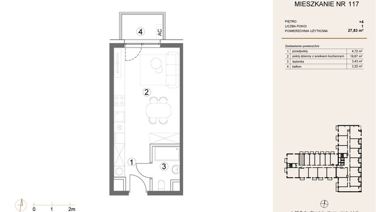 Rzut - Mieszkanie na sprzedaż 1 pokój o powierzchni 27,83 m² - numer 117 w Waterlane Vibe