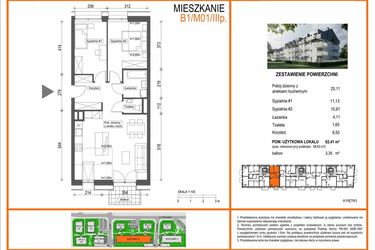 Rzut - Mieszkanie na sprzedaż 3 pokoje o powierzchni 62,41 m² - numer B1/M01/3P w Zielony Brochów 7