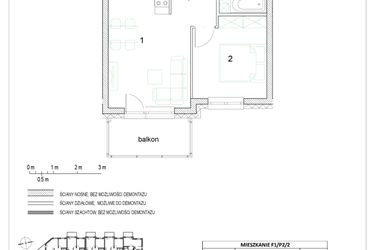 Rzut - Mieszkanie na sprzedaż 2 pokoje o powierzchni 37,12 m² - numer F1/P2/2 w Osiedle Jodłowa bud. F