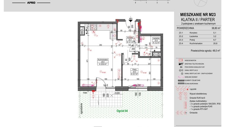 Rzut - Mieszkanie na sprzedaż 2 pokoje o powierzchni 38,8 m² - numer M23 w Antczaka 46