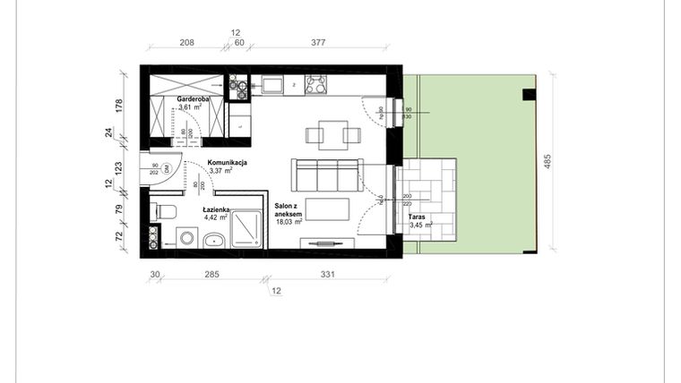 Rzut - Mieszkanie na sprzedaż 1 pokój o powierzchni 29,43 m² - numer B.0.09.1k w ATRIUM