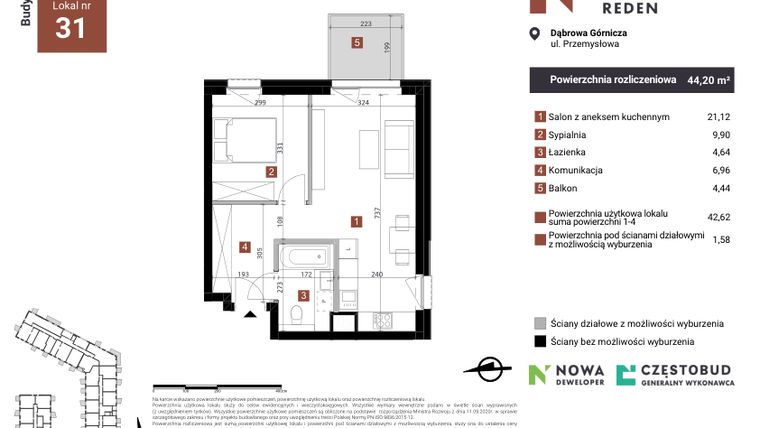 Rzut - Mieszkanie na sprzedaż 2 pokoje o powierzchni 44,2 m² - numer B31 w Nowy Reden