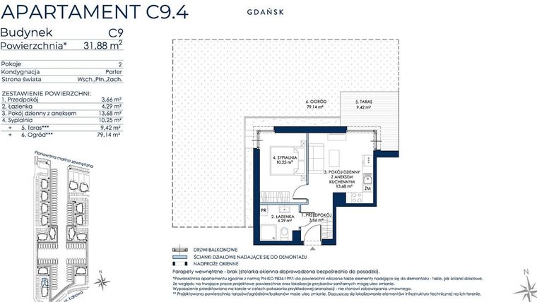 Rzut - Mieszkanie na sprzedaż 2 pokoje o powierzchni 31,63 m² - numer C9.4 w Sol Marina etap III