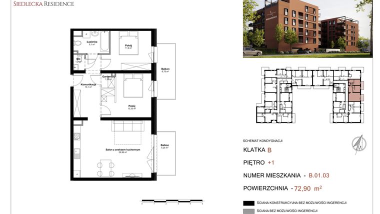 Rzut - Mieszkanie na sprzedaż 3 pokoje o powierzchni 72,9 m² - numer B-01-03 w Siedlecka Residence