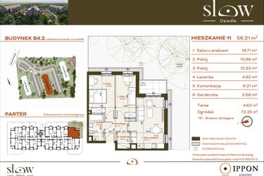Rzut - Mieszkanie na sprzedaż 3 pokoje o powierzchni 56,21 m² - numer B4.2.11 w Osiedle SLOW
