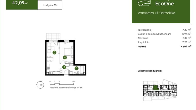 Rzut - Mieszkanie na sprzedaż 2 pokoje o powierzchni 42,09 m² - numer 2.B.0.11 w Murapol EcoOne