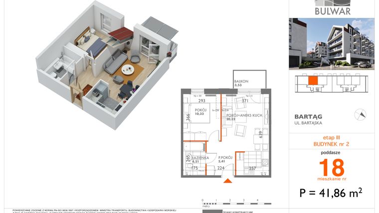 Rzut - Mieszkanie na sprzedaż 2 pokoje o powierzchni 41,86 m² - numer 18 w Bulwar bud. 2