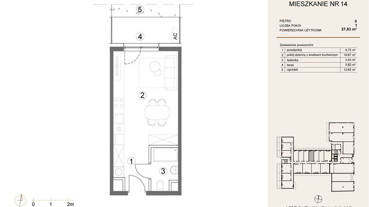Rzut - Mieszkanie na sprzedaż 1 pokój o powierzchni 27,83 m² - numer 14 w Waterlane Vibe