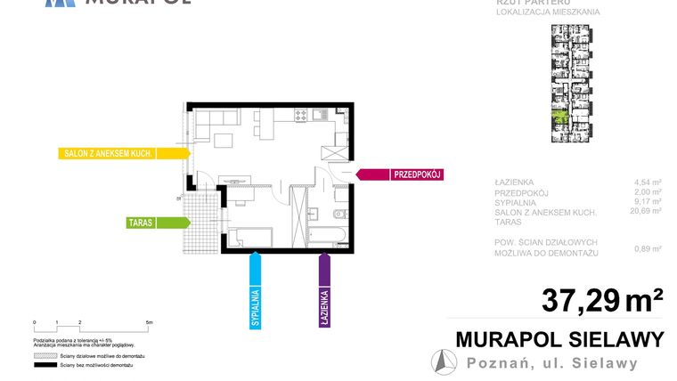 Rzut - Mieszkanie na sprzedaż 2 pokoje o powierzchni 37,29 m² - numer 4.A.0.13 w Murapol Zielony Żurawiniec