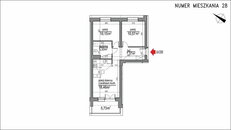 Rzut - Mieszkanie na sprzedaż 3 pokoje o powierzchni 51,88 m² - numer 3m.28 w Osiedle Rytm etap 2