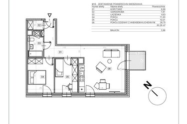 Rzut - Mieszkanie na sprzedaż 3 pokoje o powierzchni 63,3 m² - numer I.M16 w Osiedle Glivia Zachodnia