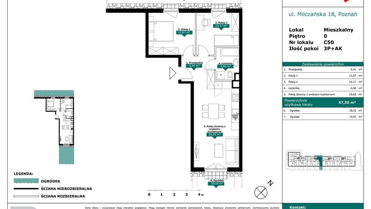 Rzut - Mieszkanie na sprzedaż 3 pokoje o powierzchni 57,5 m² - numer C50 w Milczańska 18