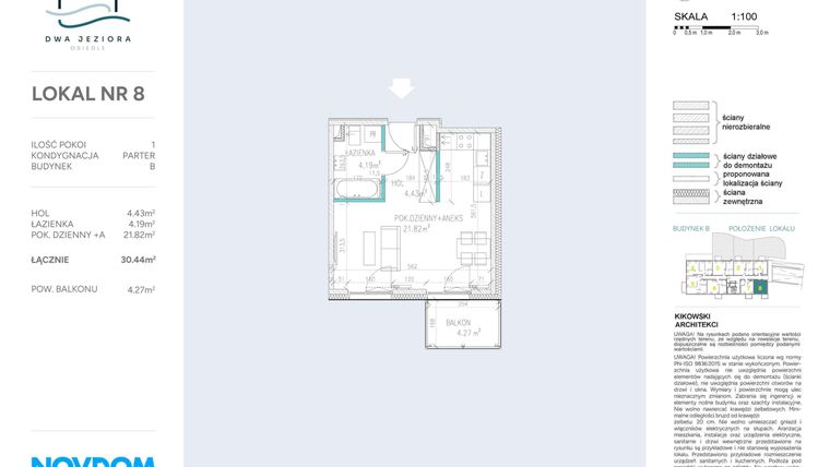 Rzut - Mieszkanie na sprzedaż 1 pokój o powierzchni 30,44 m² - numer B.8 w Dwa Jeziora