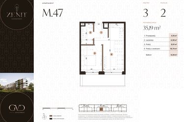 Rzut - Mieszkanie na sprzedaż 2 pokoje o powierzchni 35,19 m² - numer M47 w Zenit Głowackiego