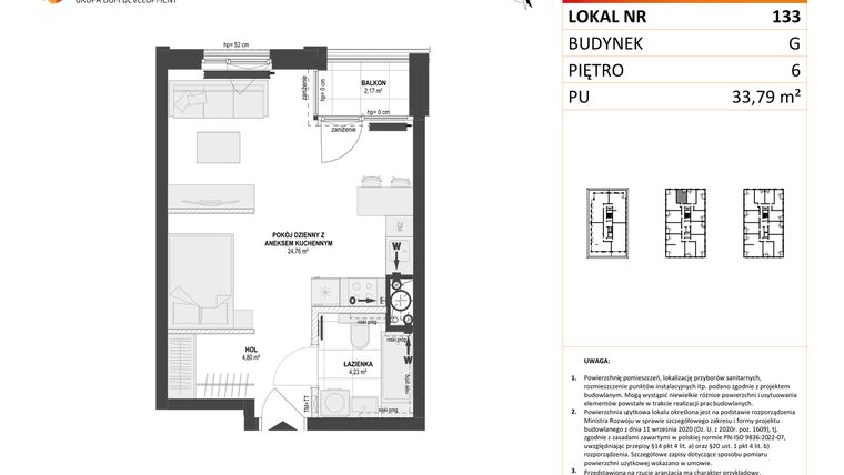 Rzut - Mieszkanie na sprzedaż 1 pokój o powierzchni 33,79 m² - numer G.133 w DOKI Living etap II