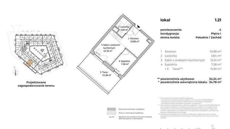 Rzut - Mieszkanie na sprzedaż 1 pokój o powierzchni 34,37 m² - numer 1.21 w OVAL SKY