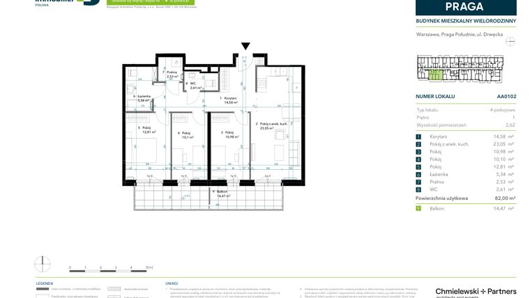 Rzut - Mieszkanie na sprzedaż 4 pokoje o powierzchni 82 m² - numer AA0102 w Neo Praga