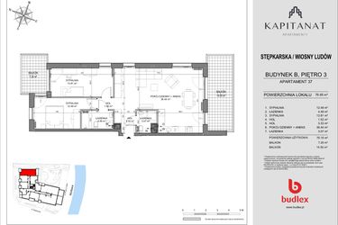 Rzut - Mieszkanie na sprzedaż 3 pokoje o powierzchni 76,95 m² - numer 37.B w Kapitanat Apartamenty