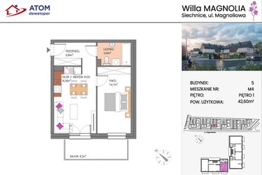 Rzut - Mieszkanie na sprzedaż 2 pokoje o powierzchni 42,6 m² - numer Bud.5-4 w Willa Magnolia