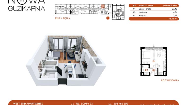 Rzut - Mieszkanie na sprzedaż 1 pokój o powierzchni 34,31 m² - numer B1.1.62 w Nowa Guzikarnia