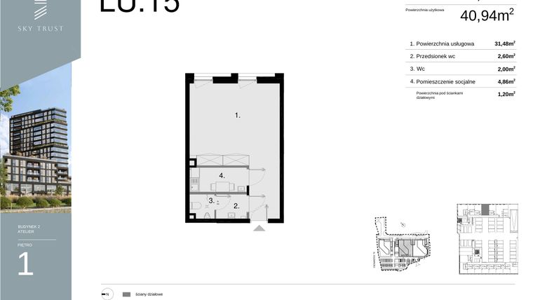 Rzut - Lokal użytkowy na sprzedaż 1 pokój o powierzchni 42,14 m² - numer LU15 w Sky Trust etap II