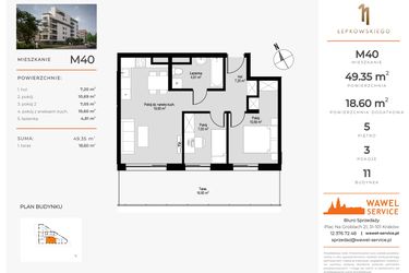 Rzut - Mieszkanie na sprzedaż 3 pokoje o powierzchni 49,35 m² - numer M40 w Łepkowskiego 11