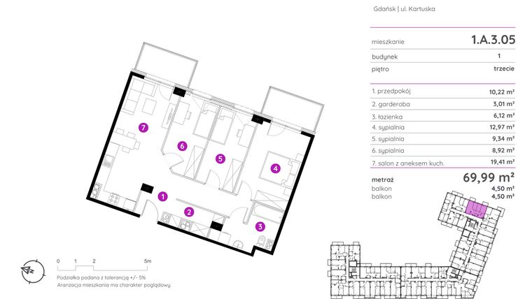 Rzut - Mieszkanie na sprzedaż 4 pokoje o powierzchni 69,99 m² - numer 1.A.3.05 w Murapol Scarpa